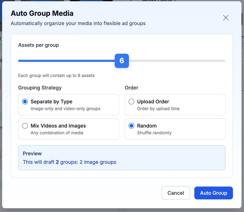 Ads Uploader Auto Group Media modal showing grouping strategy options