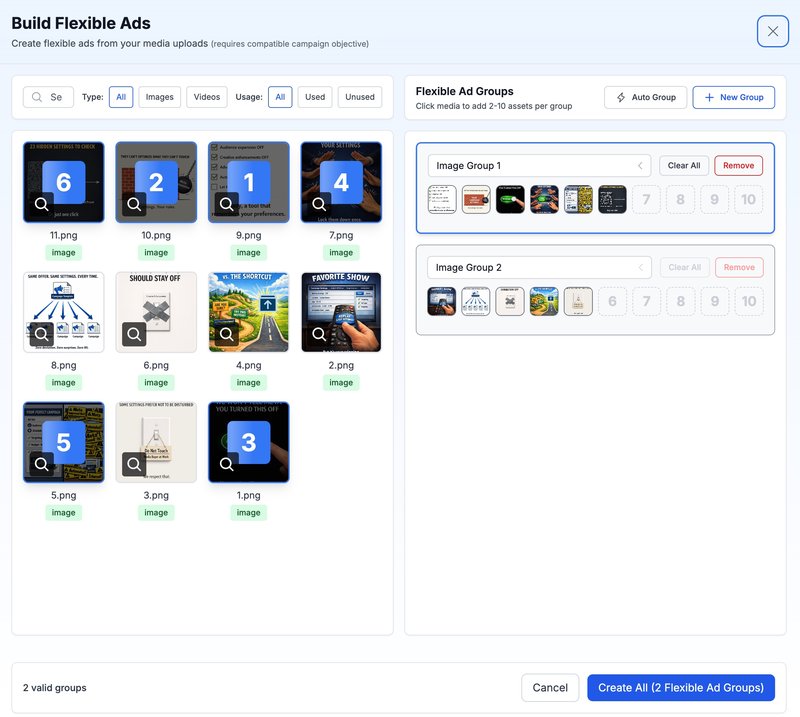 Ads Uploader Flexible Ads builder interface showing media library grid and Flexible Ad groups