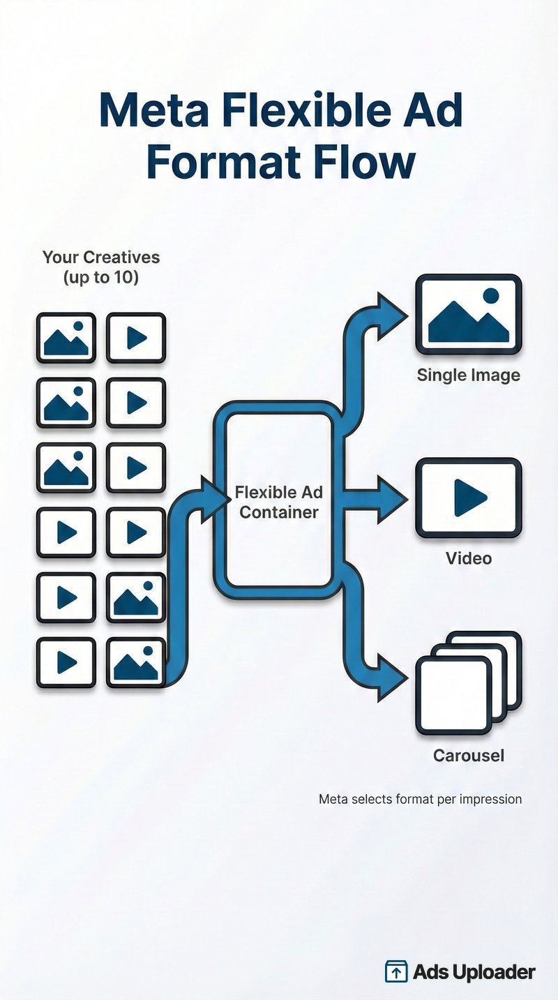 Diagram showing 10 creatives flowing into one Flexible Ad container with Meta automatically selecting single image, video, or carousel format per impression