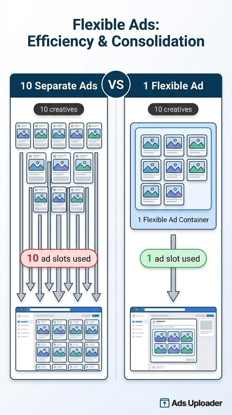 Comparison showing 10 separate ads using 10 ad slots versus 1 Flexible Ad with 10 creatives using only 1 ad slot